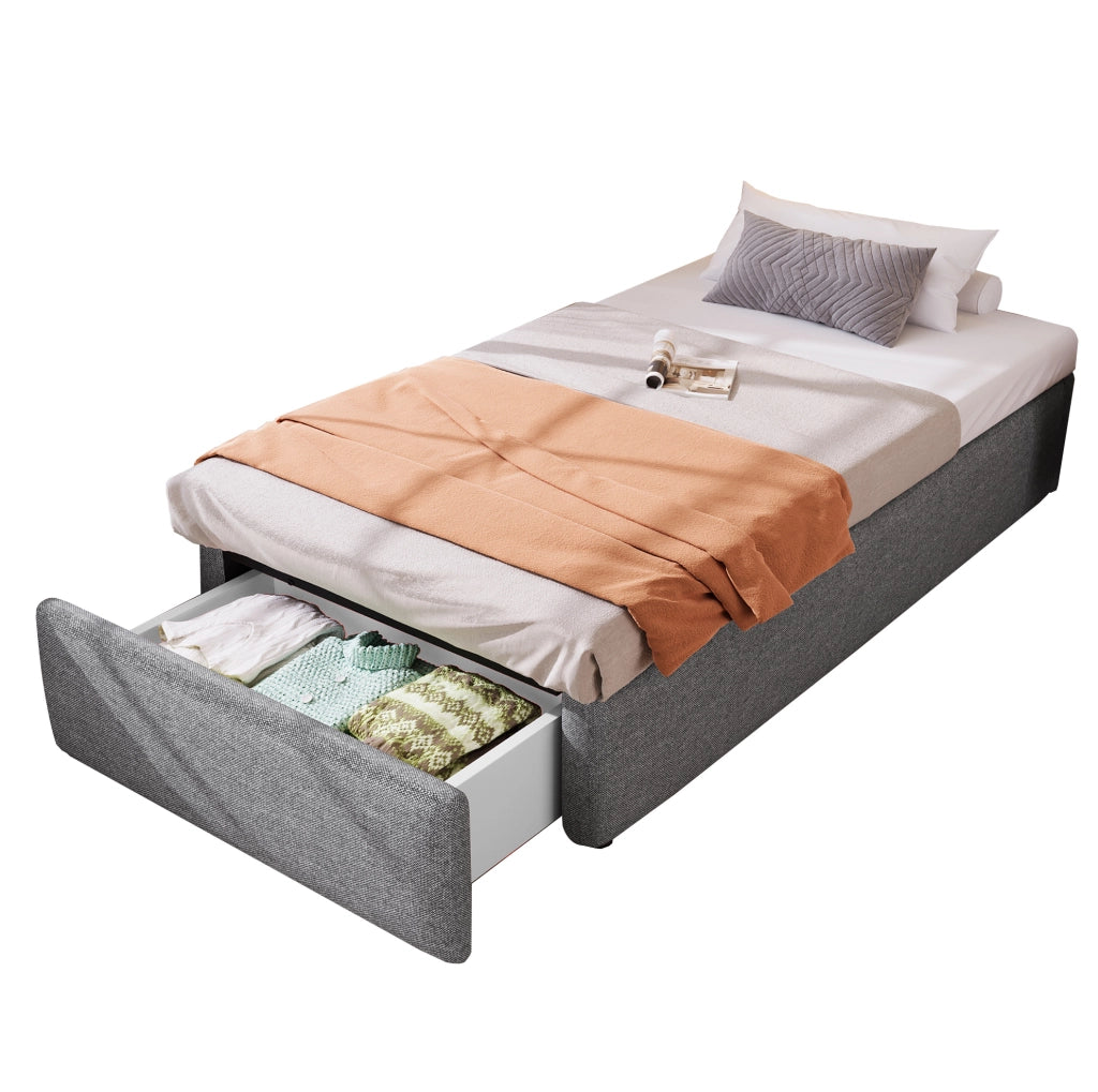 Letto imbottito 90x200 cm grigio con contenitore idraulico e cassetto
