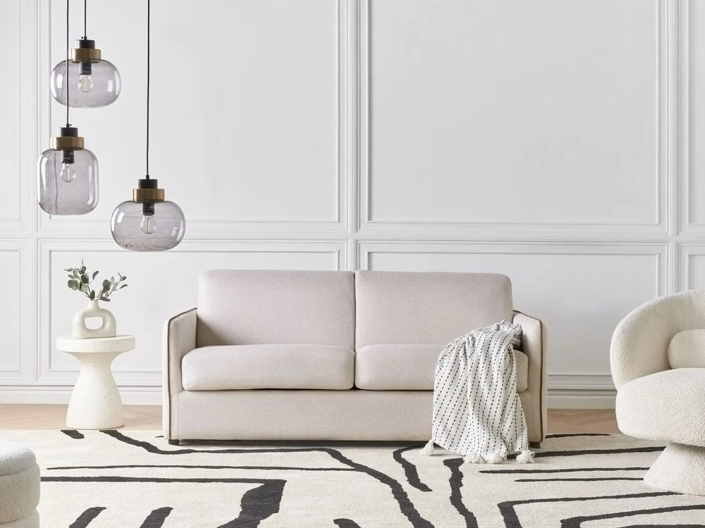 Divano letto in tessuto beige chiaro imbottito a 2 posti trasformabile con gambe in plastica Soggiorno moderno minimalista