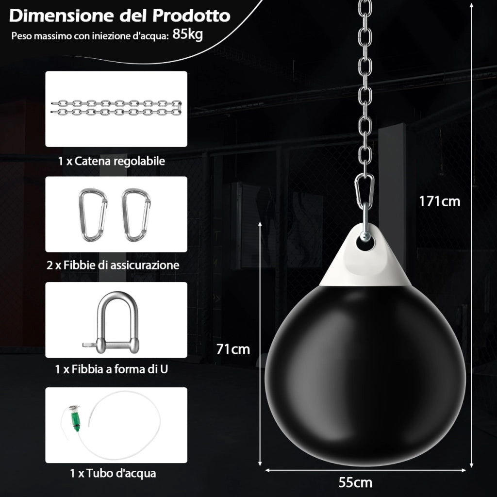 Sacco da boxe ad acqua con tubo di riempimento d'acqua catena in metallo, Sacco per allenamento di jab Nero-Boxe