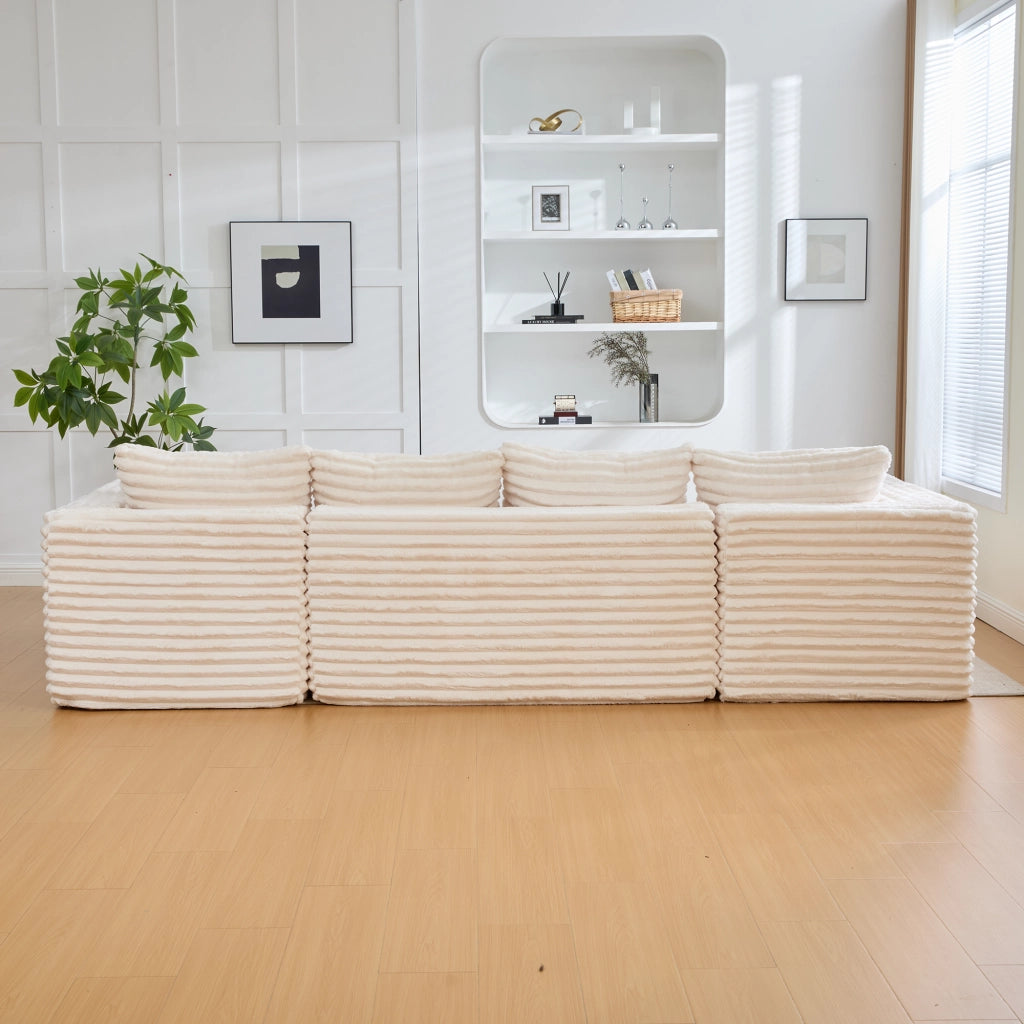 Divano modulare a U con portabicchieri, tasca laterale e cuscini in tessuto cord beige 320 × 155 × 88 cm