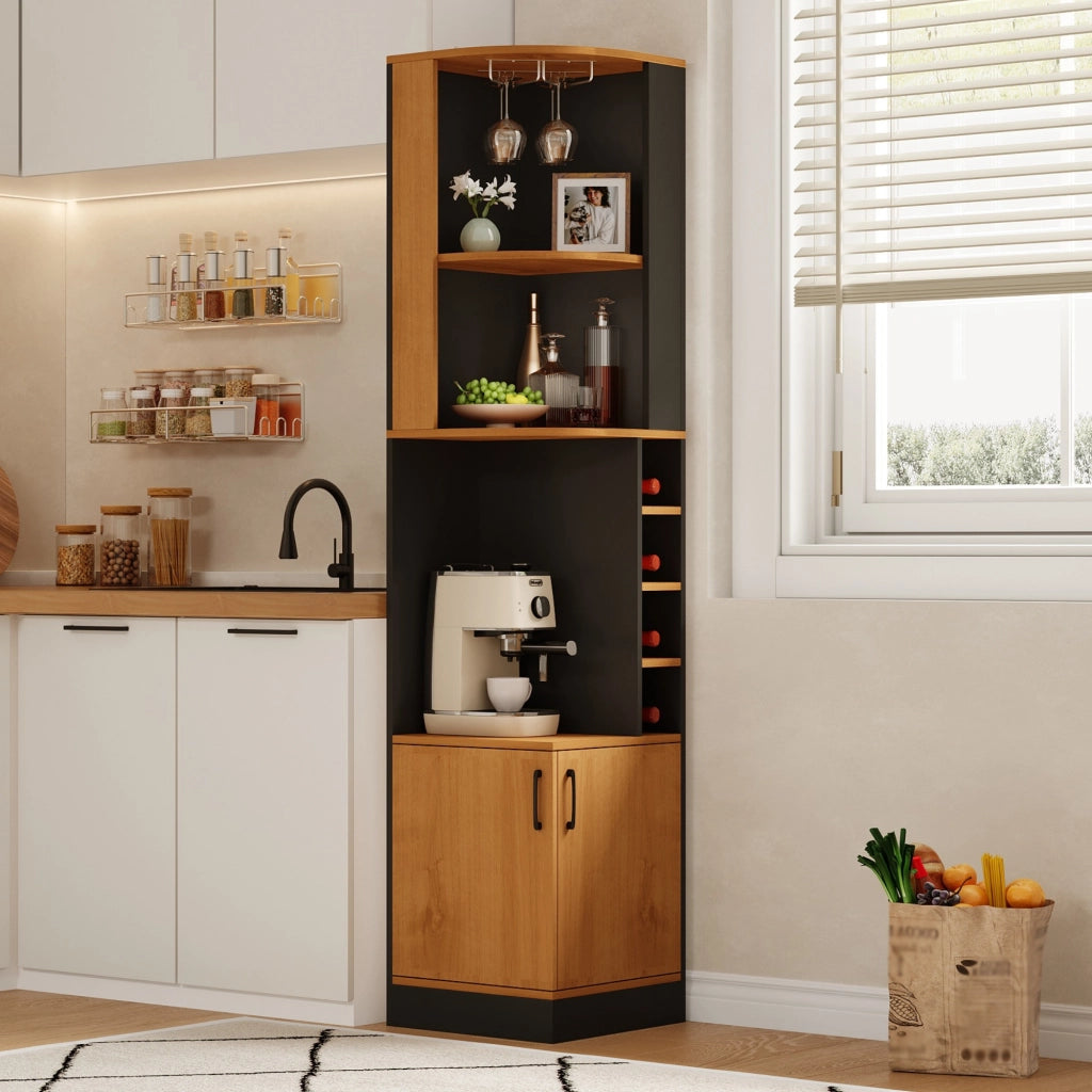 Mobile angolare portavino con portabicchieri 40x40x182 cm in MDF nero