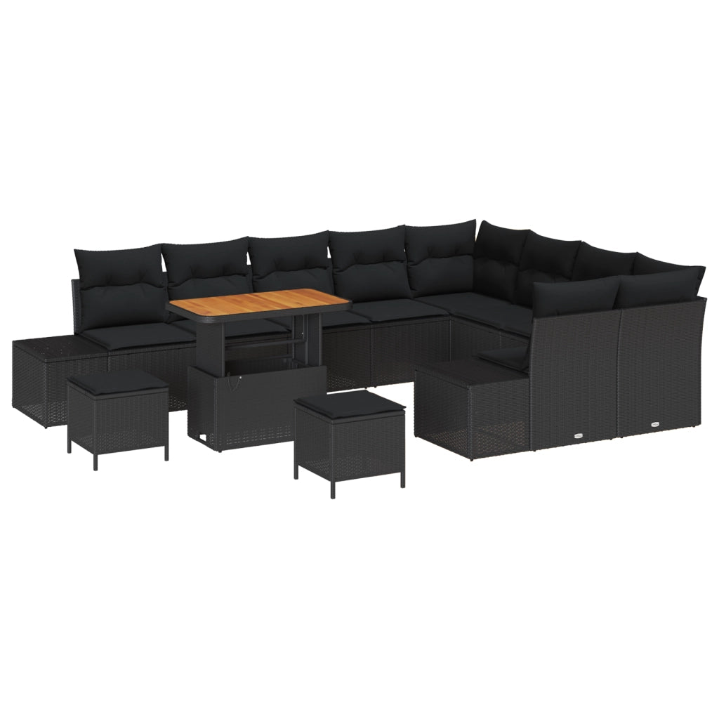 Set Divano da Giardino da 12 Pezzi con Cuscini Nero Polyrattan Acacia