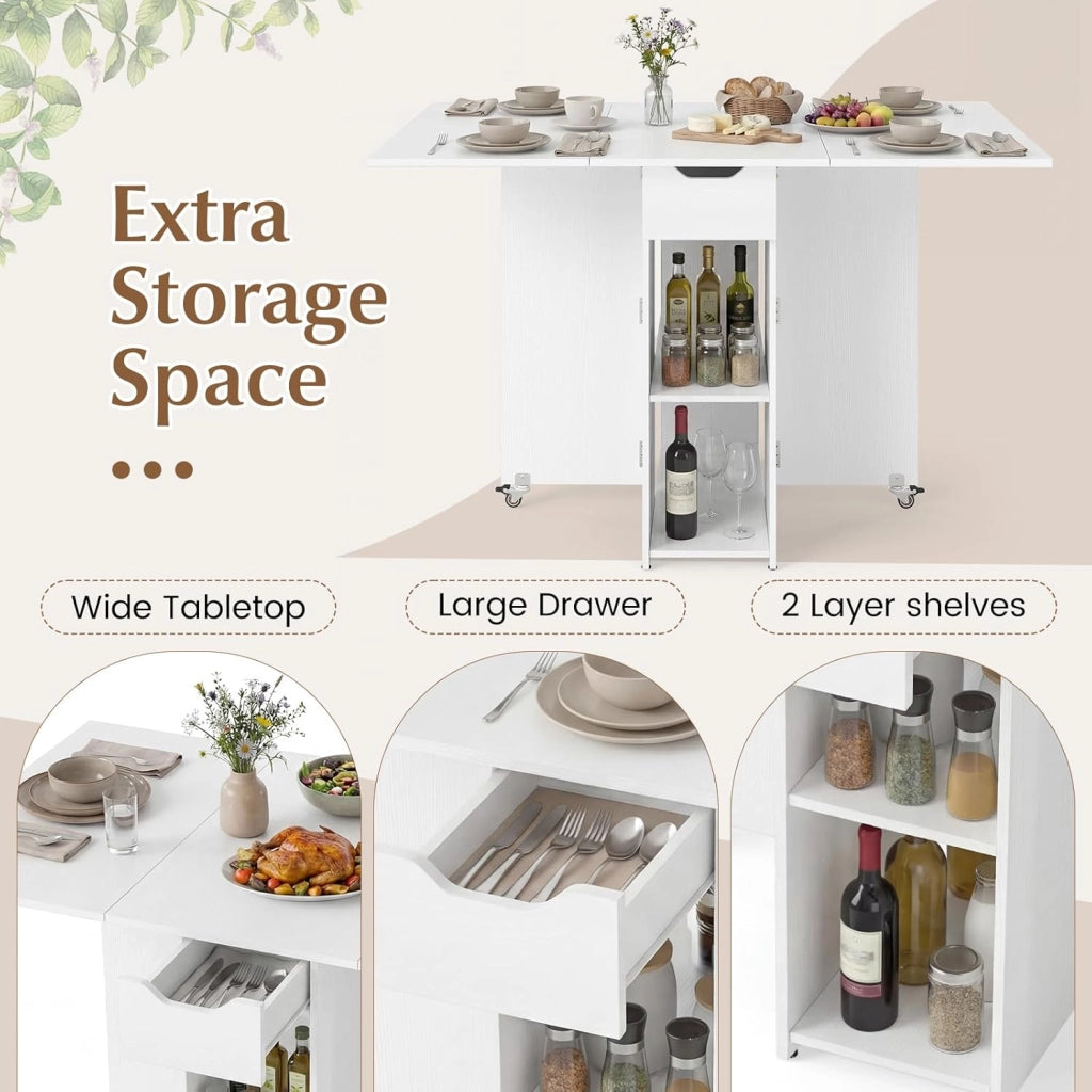 Tavolo da Pranzo Pieghevole, Mobile da Cucina con Ali Pieghevoli, 1 Cassetto e 2 Ripiani Aperti, per 2-4 Persone, Salvaspazio, 120 x 72 x 75 cm, Ideale per Sala e Cucina