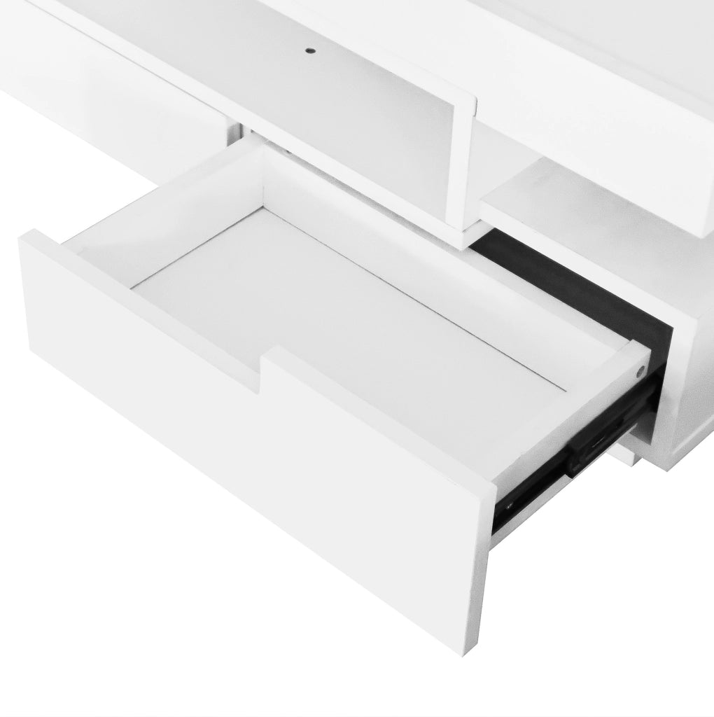 Tavolino da caffè moderno 80x50x36 cm bianco lucido con LED e 4 cassetti