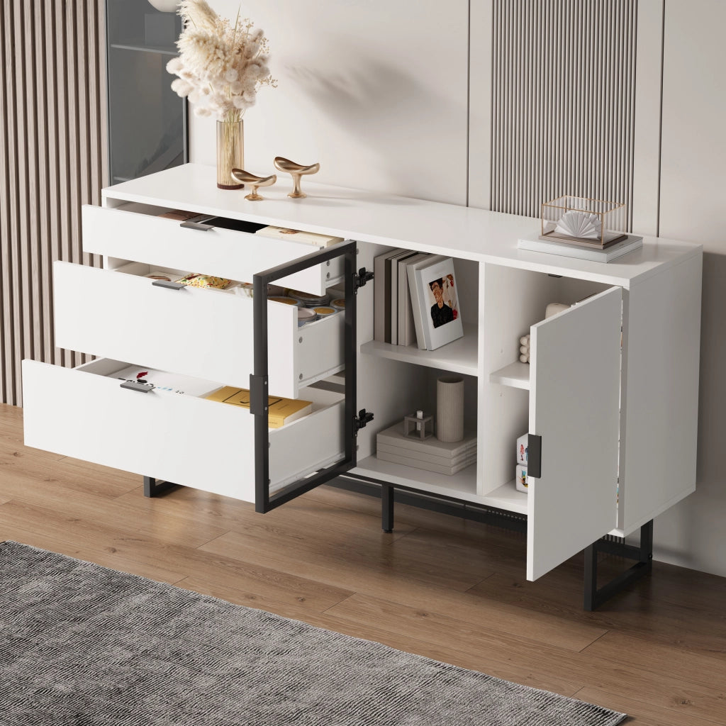 Credenza con 3 cassetti e vetrina LED - per soggiorno - 160x36x78 cm - bianco