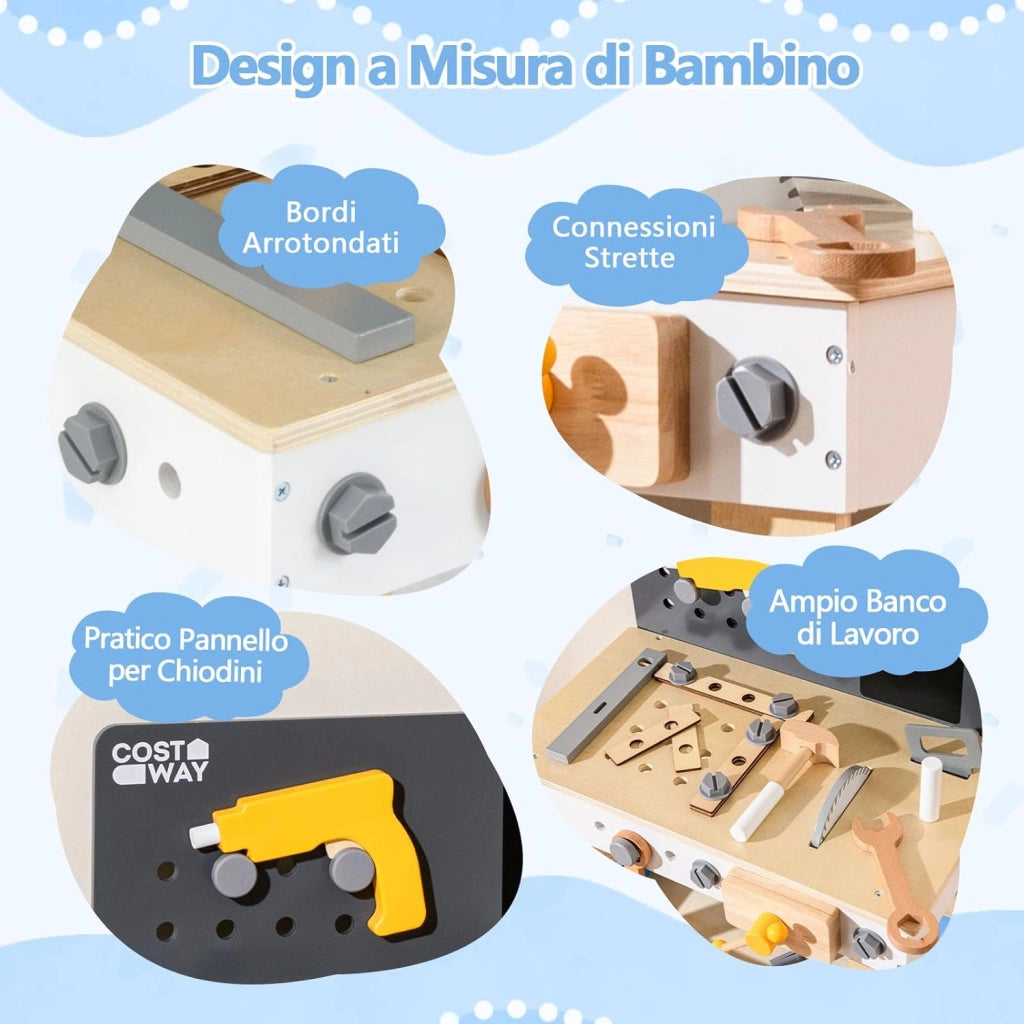 Banco Lavoro Bambini con Set di Attrezzi, Banco da Gioco in Legno con Lavagna e Strumenti da Lavoro, Piano di Lavoro con Trapano, Martello e Chiavi, 51 x 28 x 72 cm, per Bambini 3 + Anni