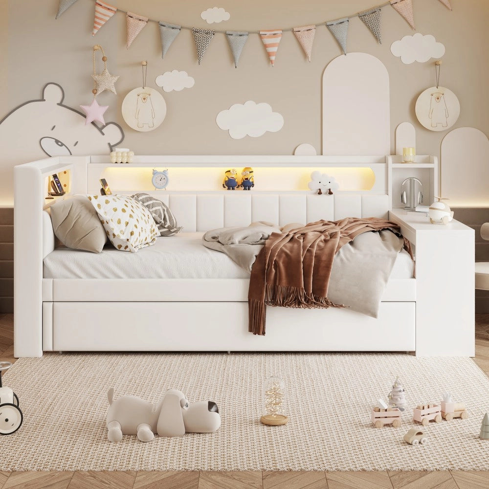Letto Imbottito con Scrivania e Letto Estraibile ¨C MINIMAL ¨C Bianco, LED, USB, 90x200