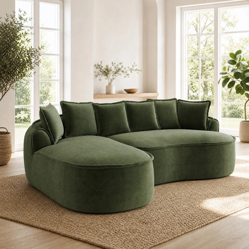 Divano modulare senza struttura in ciniglia con due moduli, seduta profonda, braccioli larghi e funzione letto verde