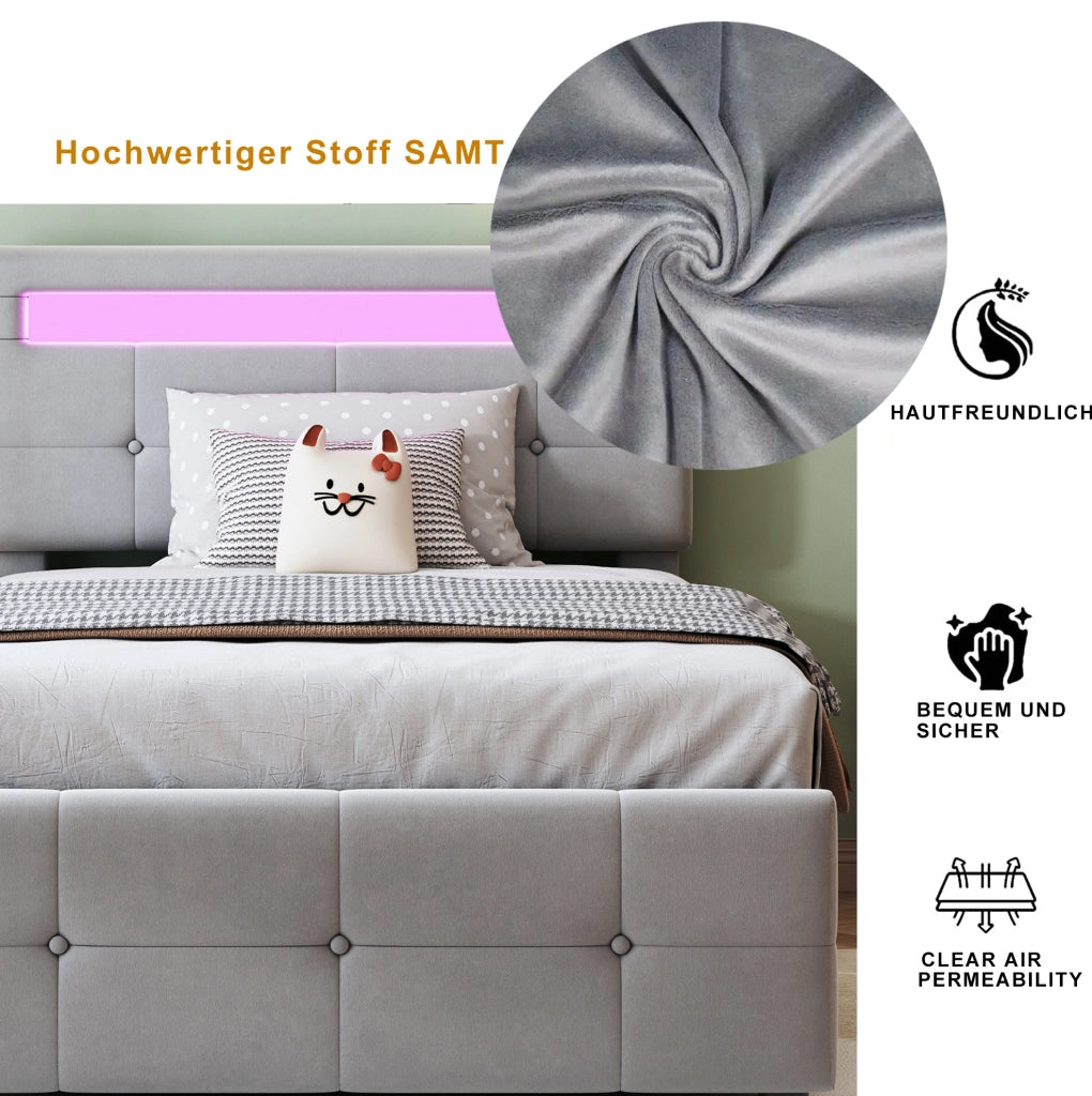 Letto imbottito per bambini 90x200 cm con LED e contenitore