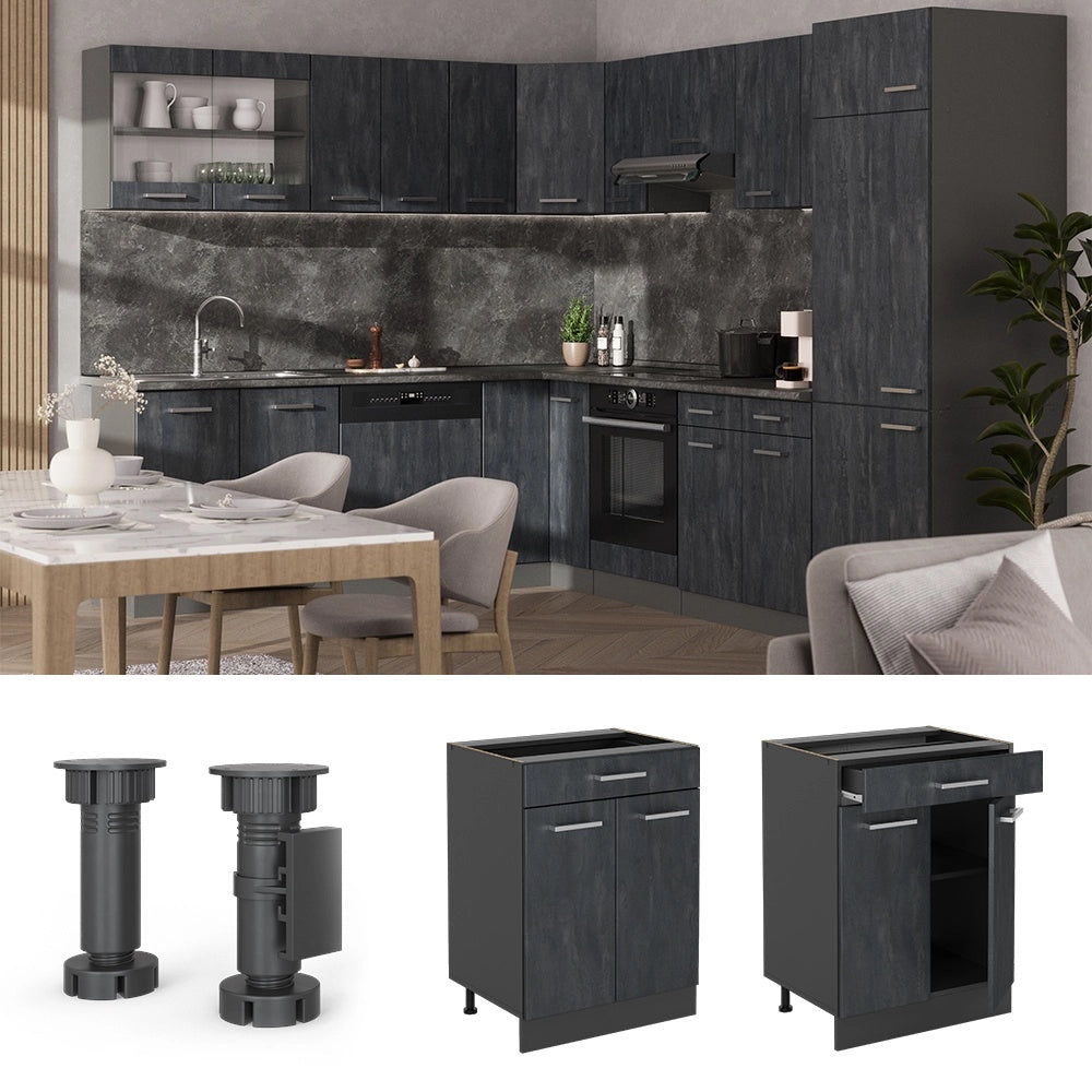 Mobiletto base per cucina R-Line Calce nera/Antracite 60 cm con cassetto, senza piano di lavoro Vicco