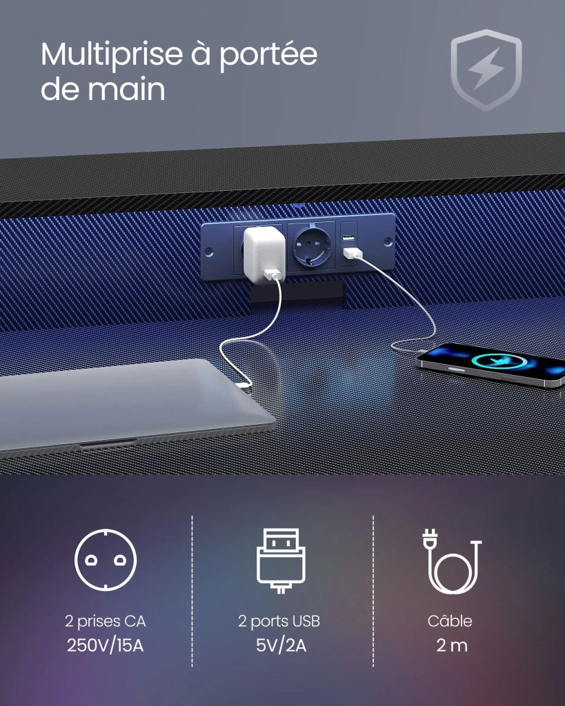 Scrivania da gaming con illuminazione a LED e multipresa scrivania per computer con supporto per monitor per 2 computer per camera da letto 60 x 100 x 76 cm nero carbone 12_0004630