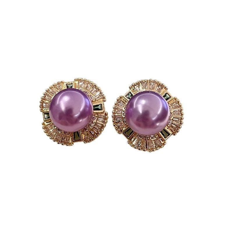 Set di gioielli di lusso composto da tre pezzi con perle viola, collana, orecchini e anello con zirconi verdi di nicchia per la clavicola.
