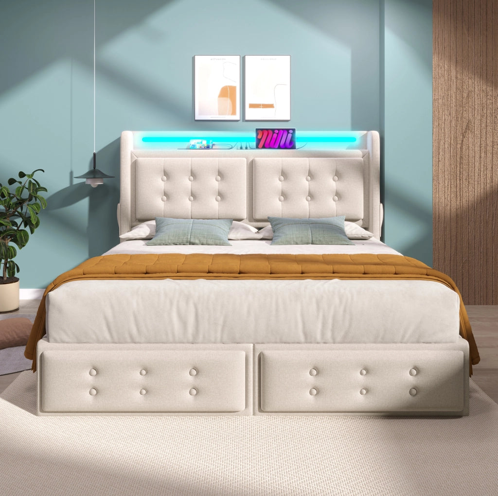 Letto imbottito ULEVR 140x200 cm con materasso, LED, 2 prese, USB, Type-C e 4 cassetti, beige