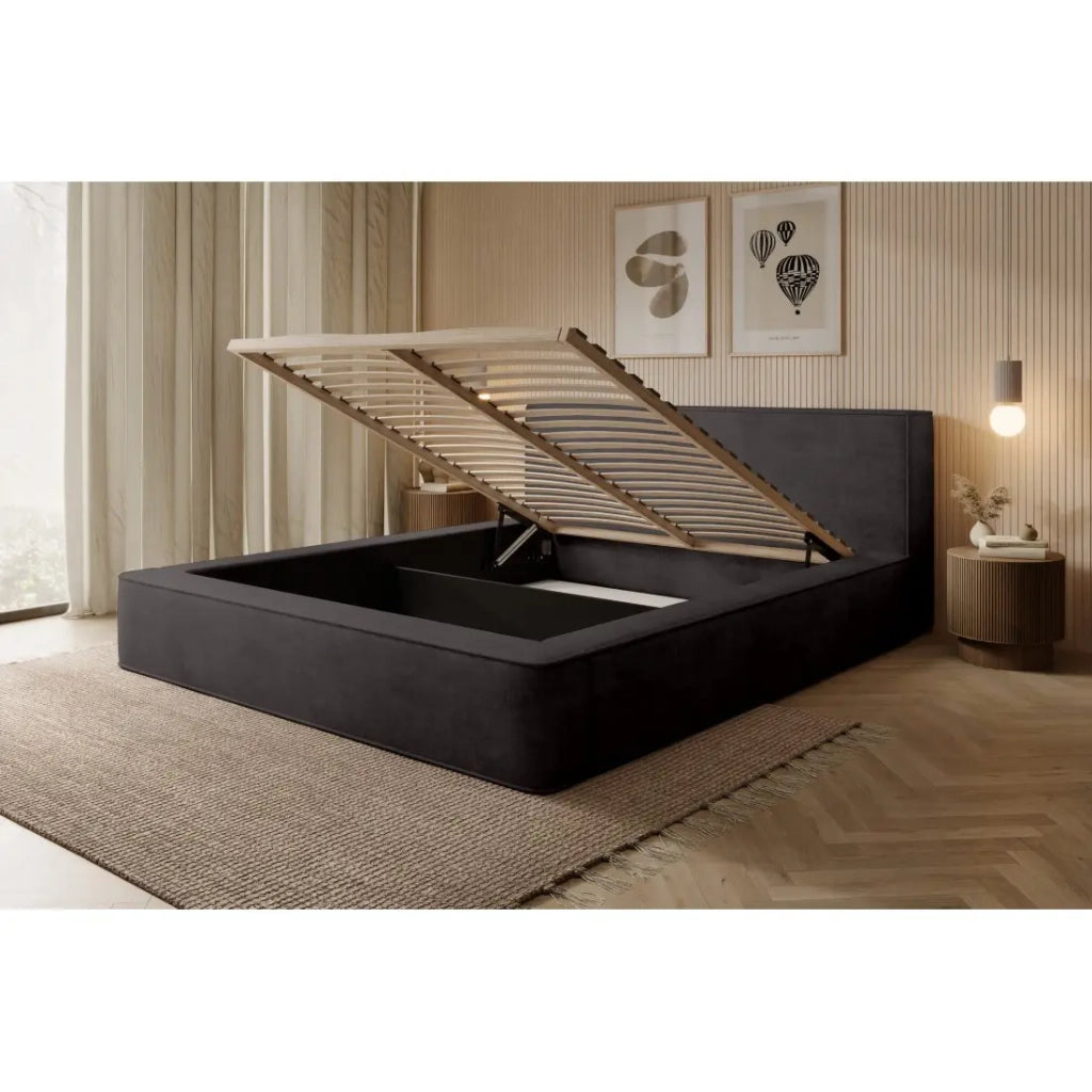Letto contenitore VELORA – Grigio antracite – 140x200 cm – Tessuto velluto morbido – Rete sollevabile – Spazio di stoccaggio integrato