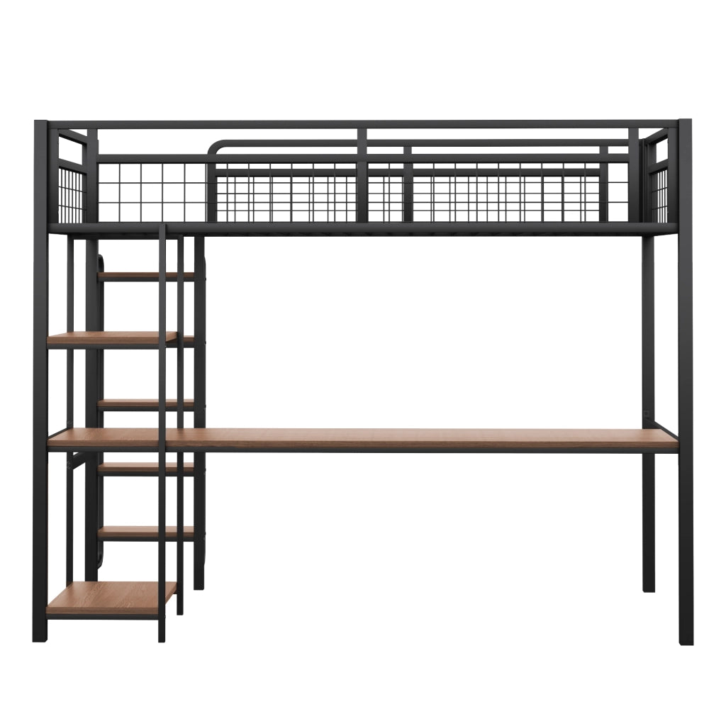 Letto a soppalco in metallo 90x200 cm con scala di sicurezza, tavolo e ripiani, nero