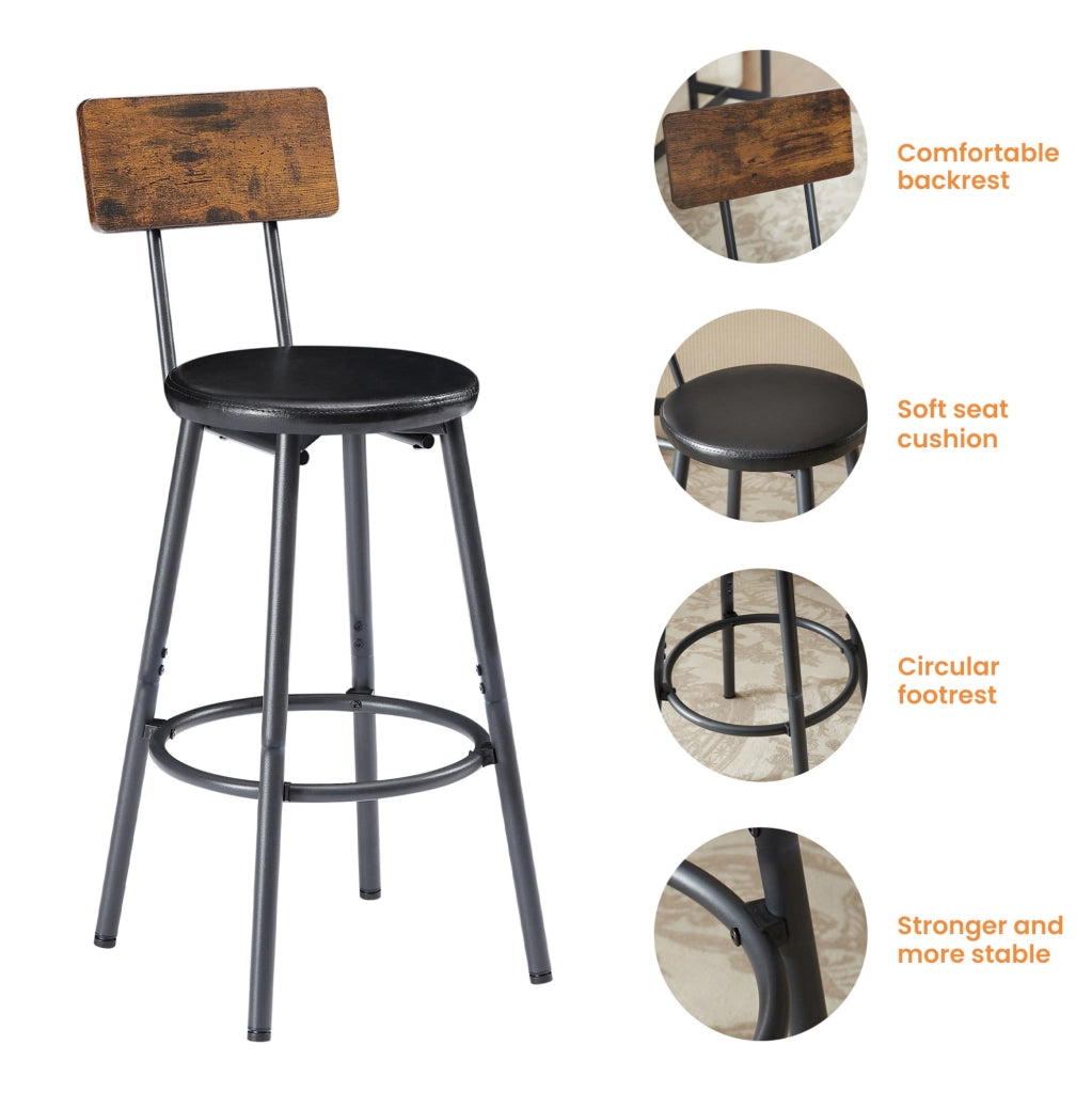 Set tavolo da bar ULEVR 160x40 cm con 3 sgabelli imbottiti con schienale, marrone rustico e nero