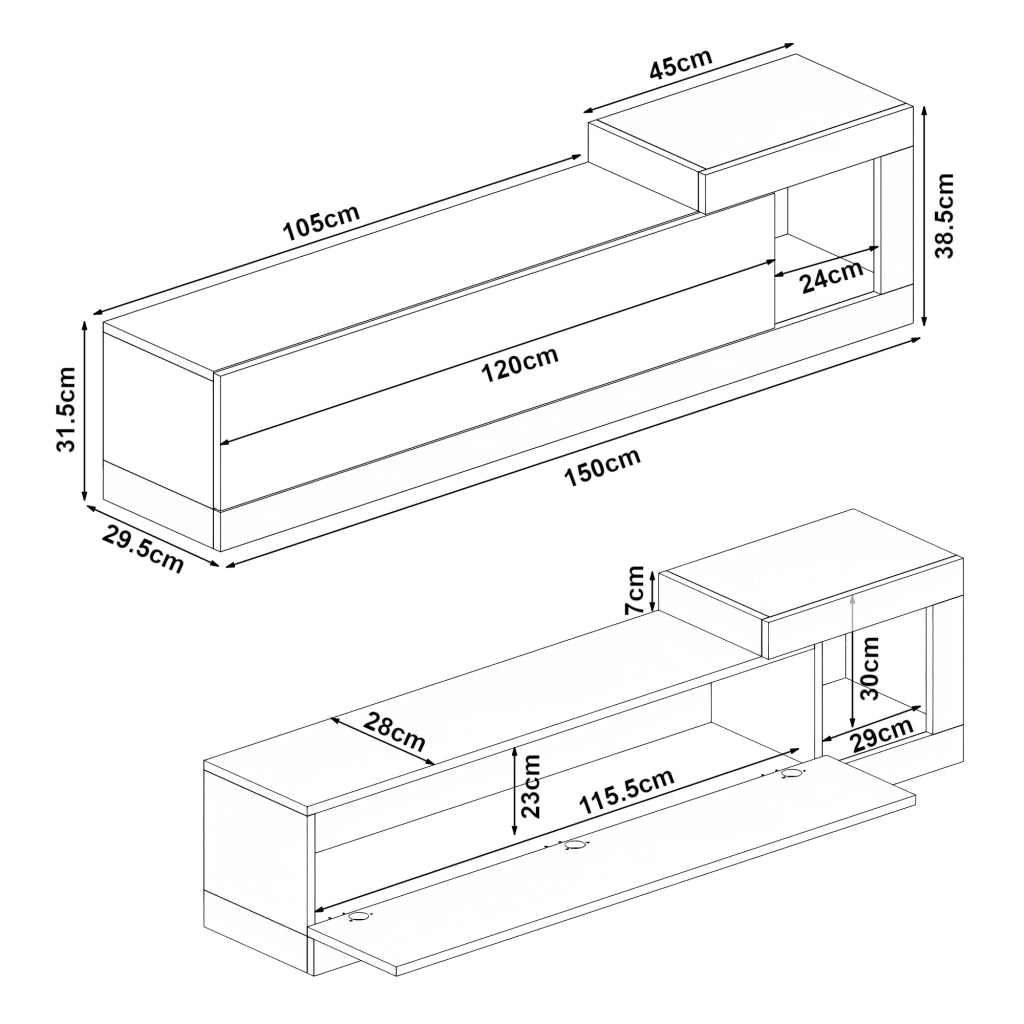 Mobile TV Sospeso 150 x 29,5 x 38,5 cm Mobile Porta TV a Parete Supporto TV a Muro con Anta a Ribalta e Scomparto Laterale Aperto - Effetto Rovere / Antracite [en.casa]