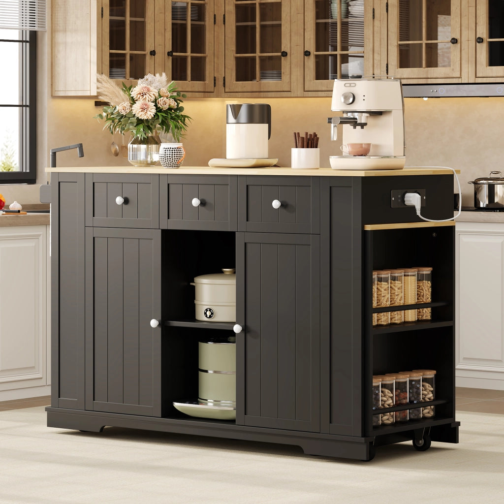 Isola cucina mobile con tavolo estraibile, prese AC e USB, 2 ante, 2 cassetti, 138(213)x55x93 cm