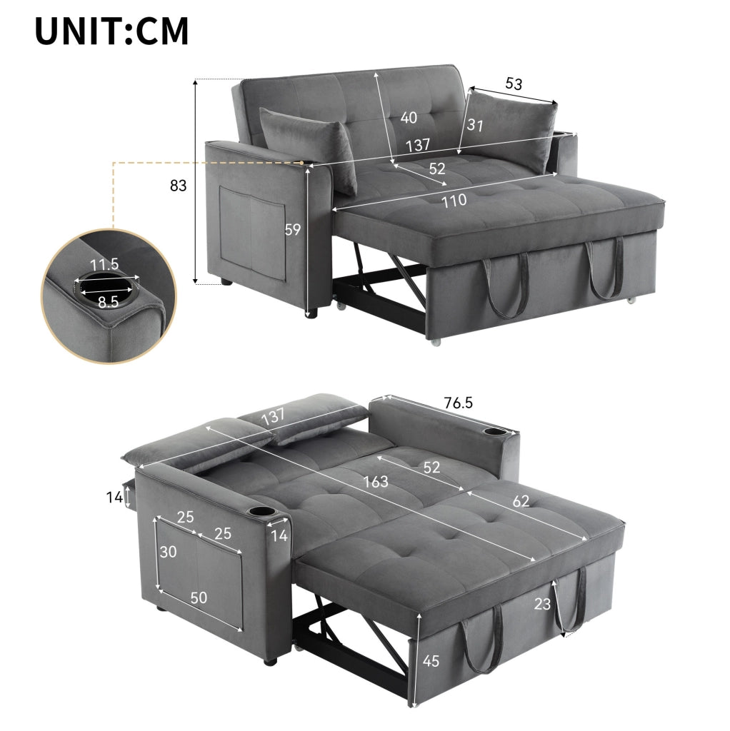 Divano letto 3 in 1 in velluto grigio 137x76;5x83 cm; con 2 cuscini e portabicchieri