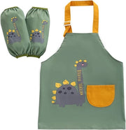 Schort per Bambini per Attività di Cucina e Pittura, Adatto per Bambini di 6 a 9 Anni, con Tasche per Attività Creativa come Cucina e Lavorazione, Verde con Stampo di Dinosauro
