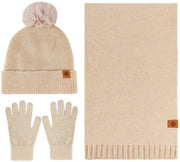 Set invernale per donne, cappello, sciarpa e guanti, tre pezzi, outdoor e morbido come il velluto, Beige