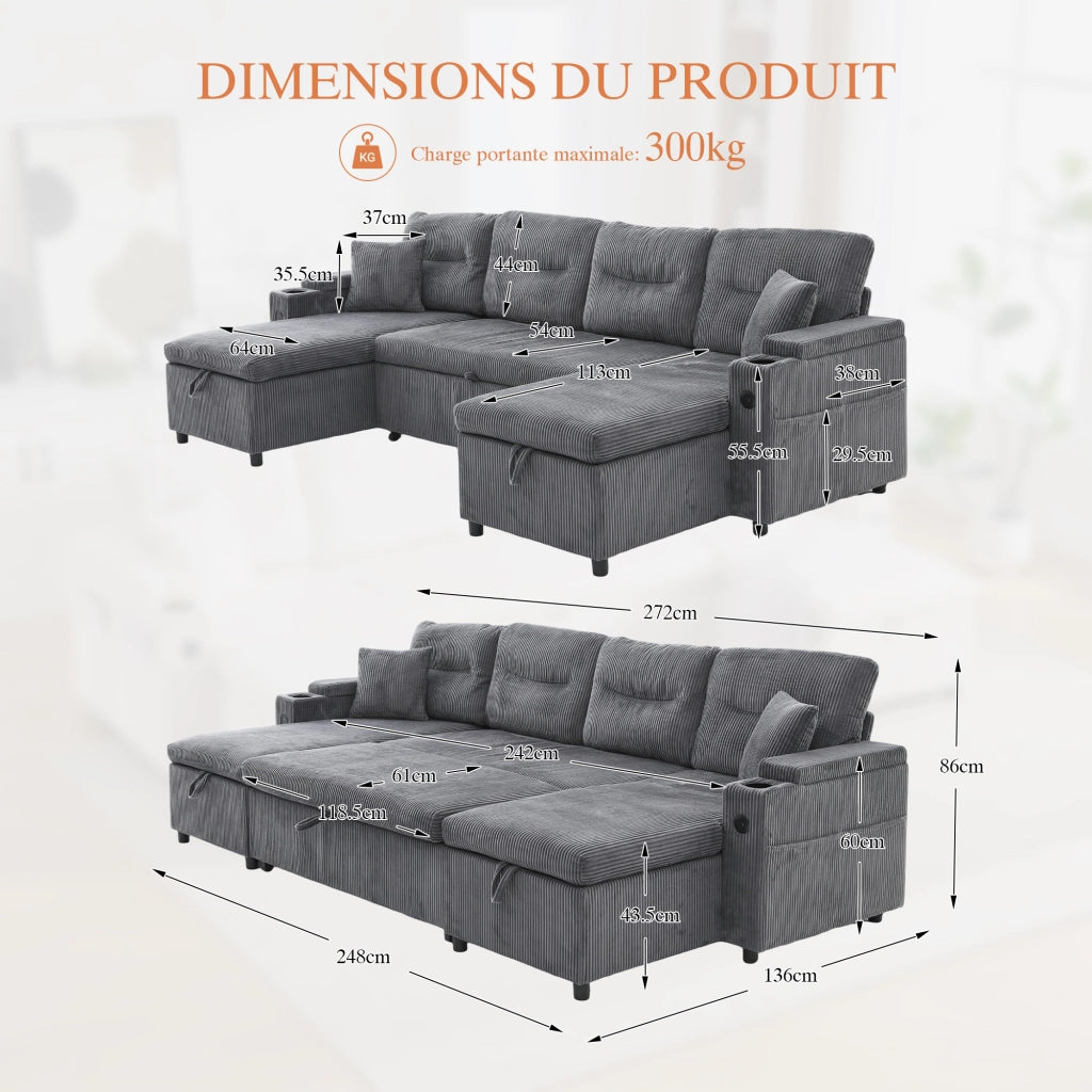 Divano 4 posti con doppia chaise longue; contenitore; portabevande e USB-C grigio carbone