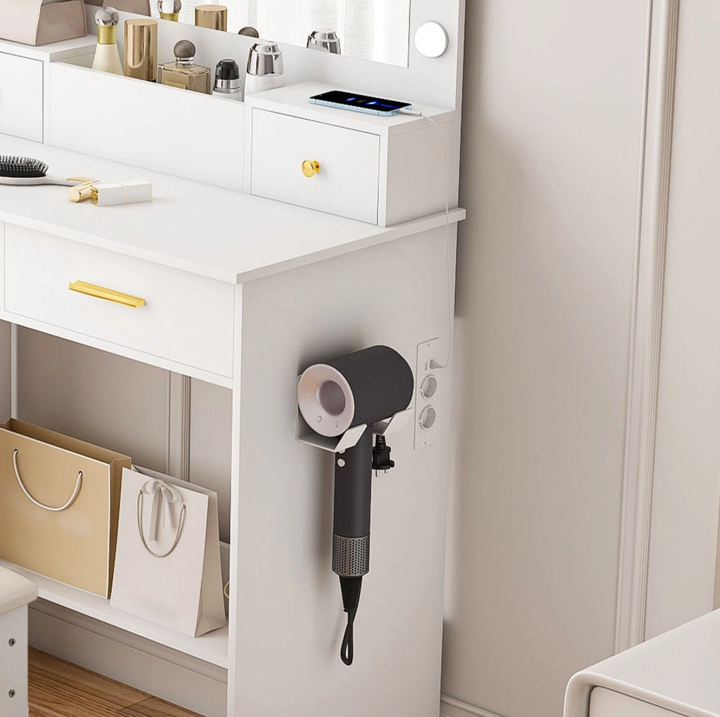 Tavolo trucco con LED; presa integrata; porta asciugacapelli e sgabello imbottito; MDF bianco