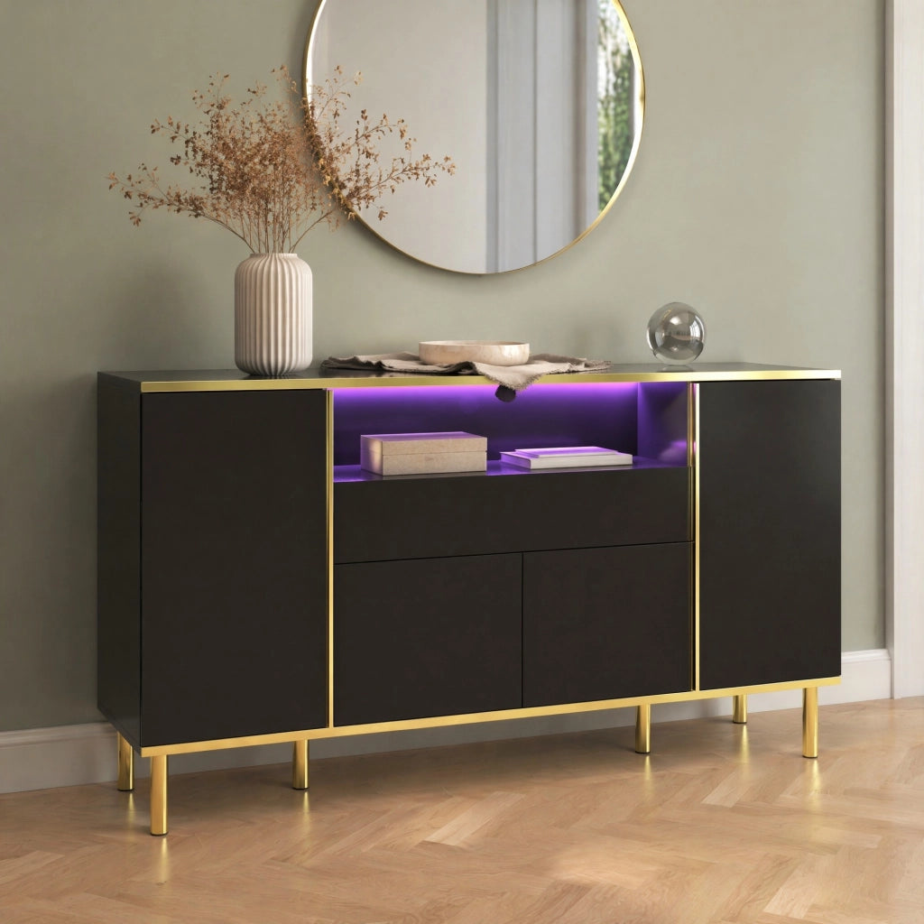 Credenza a 4 ante con 1 cassetto e LED, finitura nero lucido con dettagli dorati e vano capiente 150 × 40 × 80 cm