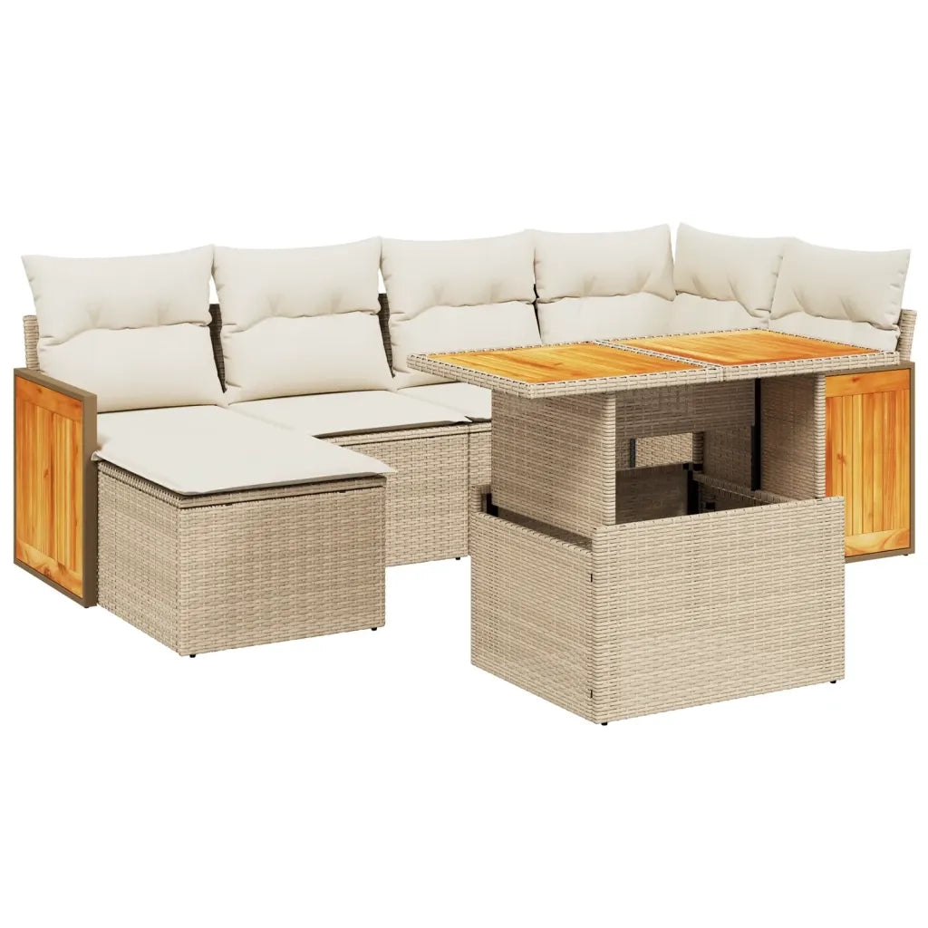 Set Divani da Giardino 7 pz con Cuscini Beige in Polyrattan