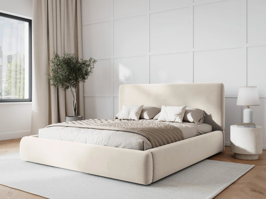 Cosmopolitan Design - Letto a cassettone con testiera "Colonel" 140x200cm in velluto beige chiaro 