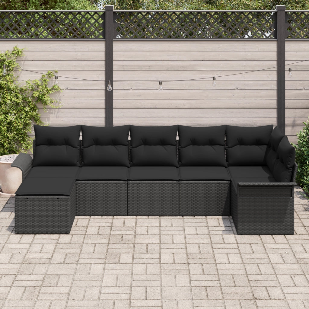 Set Divano da Giardino a 7 Pezzi con Cuscini Nero Polyrattan