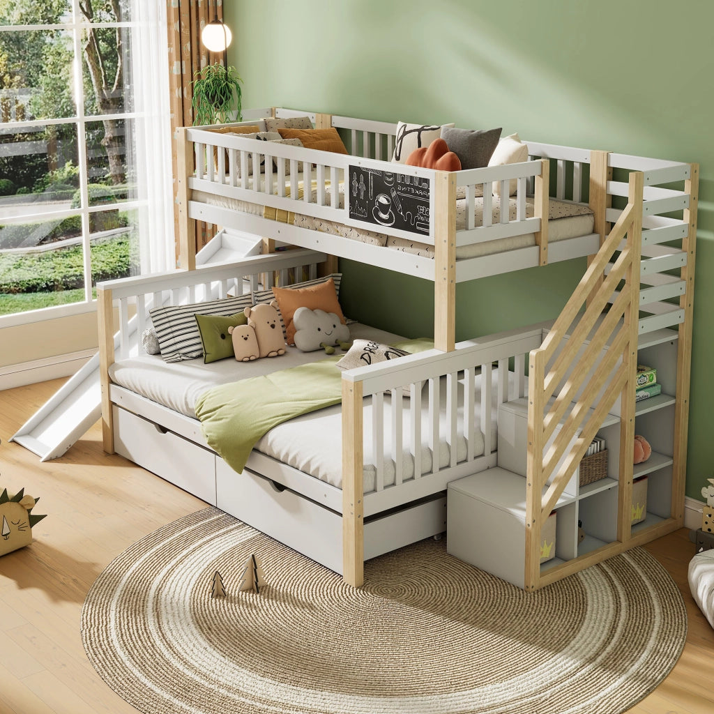 OKWISH Letto a Castello 140×200 cm e 90×200 cm, Letto 3 Posti con Scala Contenitore, Armadio e Scivolo, senza Materasso, Bianco