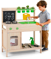 Cucina Giocattolo in Legno Massello, Cucina da Gioco con Rubinetto e Fioriera Removibile, Gioco Imitazione Fango e Giardinaggio all'Aperto, per Bambini 3+ Anni, 73 x 36 x 92 cm
