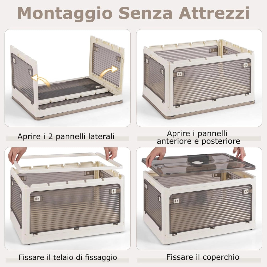 Set di 3 Contenitori Impilabili con Coperchi, Contenitori Pieghevoli in Plastica 132 L, Organizzatore con Ruote per Camera da Letto Soggiorno e Cucina (51,5x36,5x88cm)
