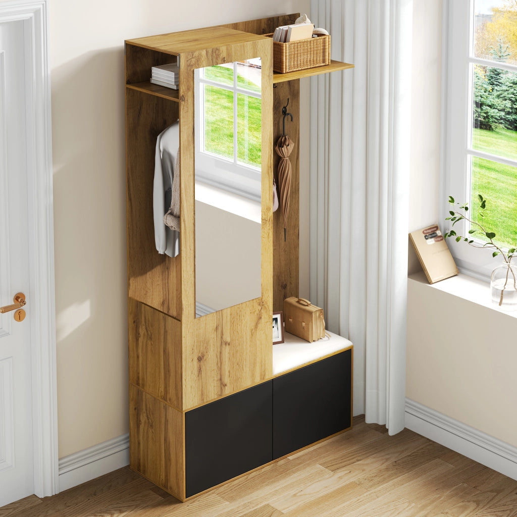 Ensemble de meubles de salon appendiabiti, specchio, panca portascarpe, MDF nero e naturale