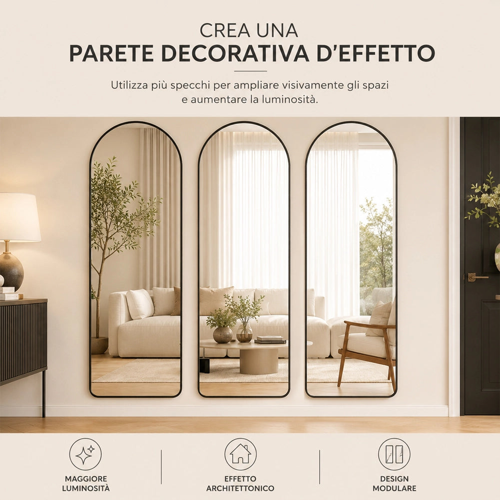Specchio ad Arco da Terra e Parete Nero Decorazione Design Moderno 155x45 cm
