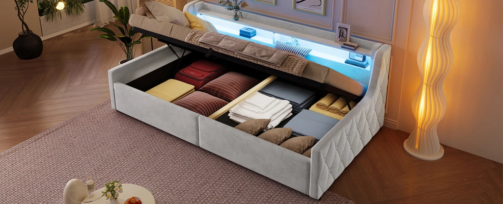 Letto singolo imbottito ULEVR 90x200 cm con vano contenitore idraulico e testiera LED multicolore, beige
