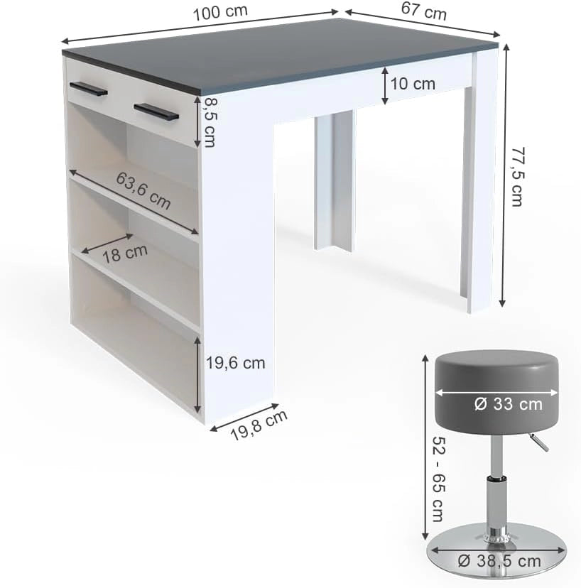 Set di tavoli da pranzo Repose, Antracite/bianco, 67 x 100 cm con 2 sgabelli, adatto come piano di lavoro o area di appoggio aggiuntiva