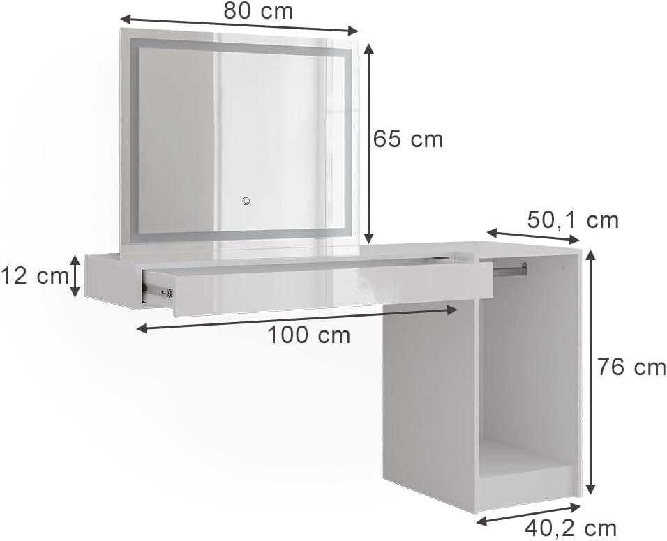 Tavolo da toeletta Sherry, Bianco, 100 cm 3 parti, con illuminazione LED e grande specchio per montaggio a parete