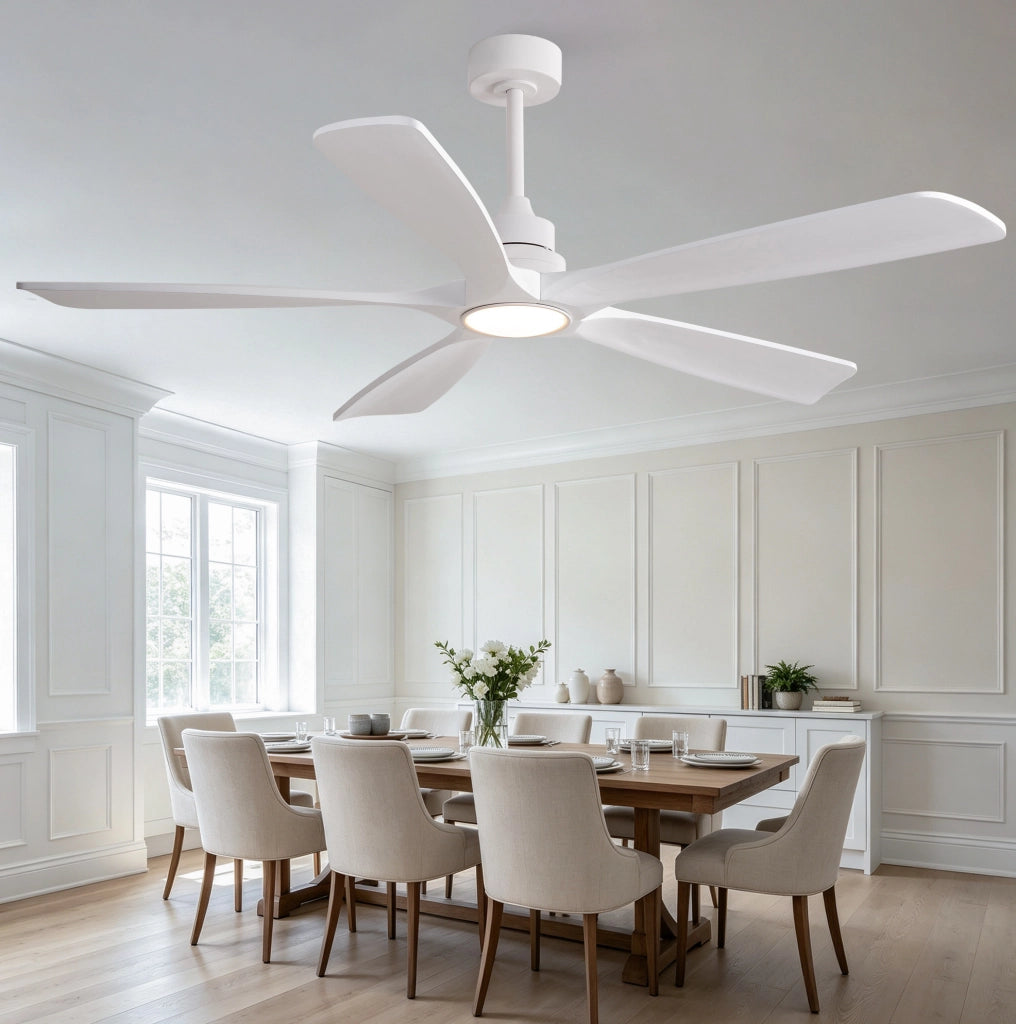 Ventilatore da soffitto da 60 pollici con luce LED e telecomando; 5 pale in legno; bianco