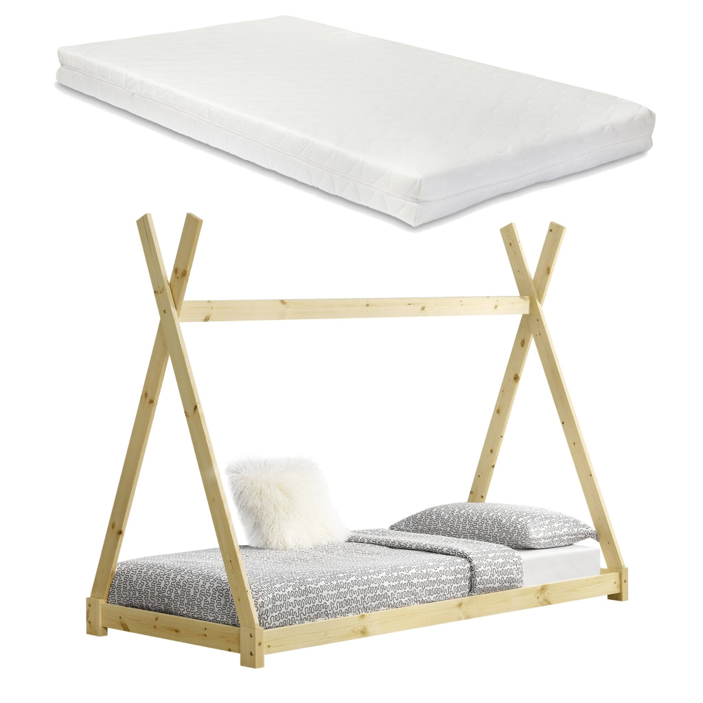 Letto per Bambini con Materasso 90 x 200 cm Tenda Indiana Tipi - color Legno [en.casa]