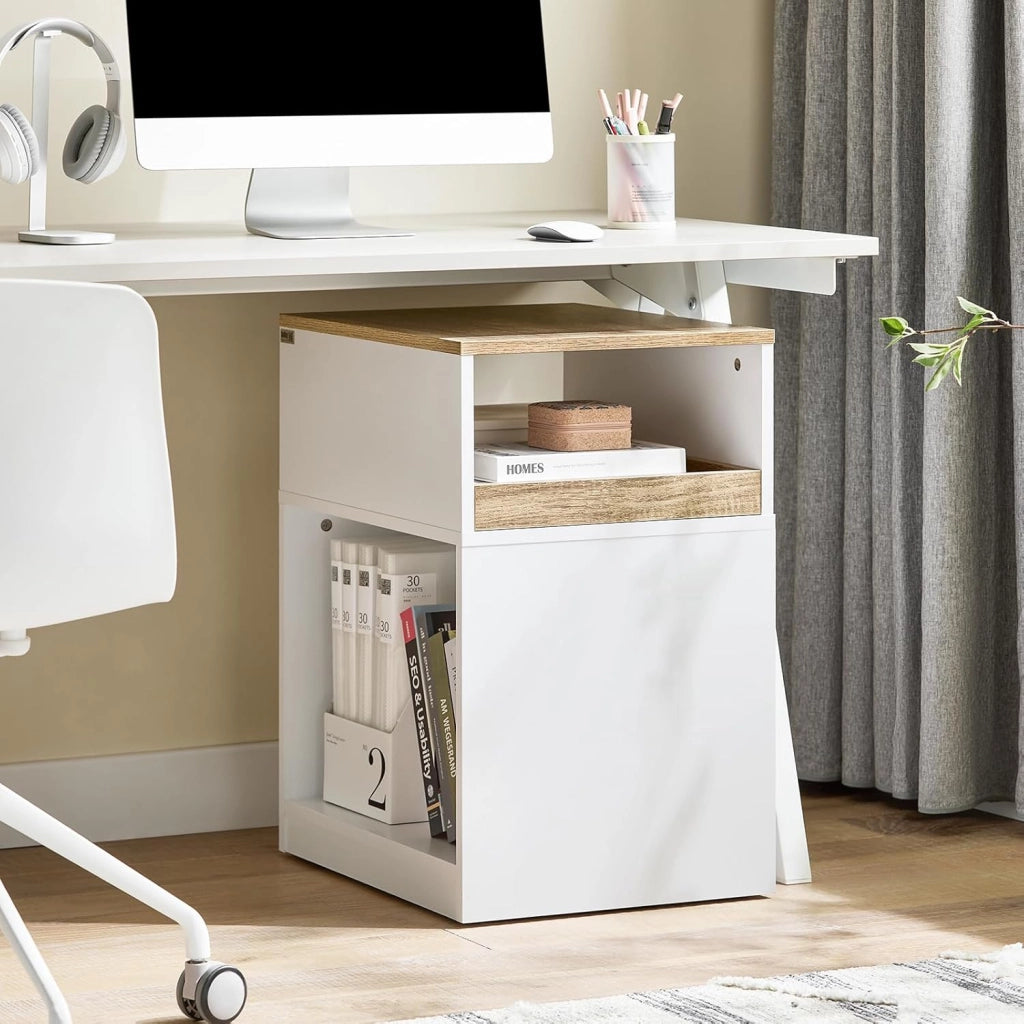 Cassettiera Scrivania con Ruote Cassettiera Ufficio con Scomparto Aperto e Cassetto Rimovibile Mobile Ufficio Porta Stampante Salvaspazio Bianco e Naturale 40x50x65cm ASK08-WN