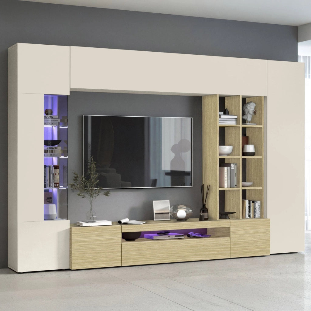 Sabbia, Parete Attrezzata 14 Ripiani, 290x40x191.2h cm Marrone Rovere
