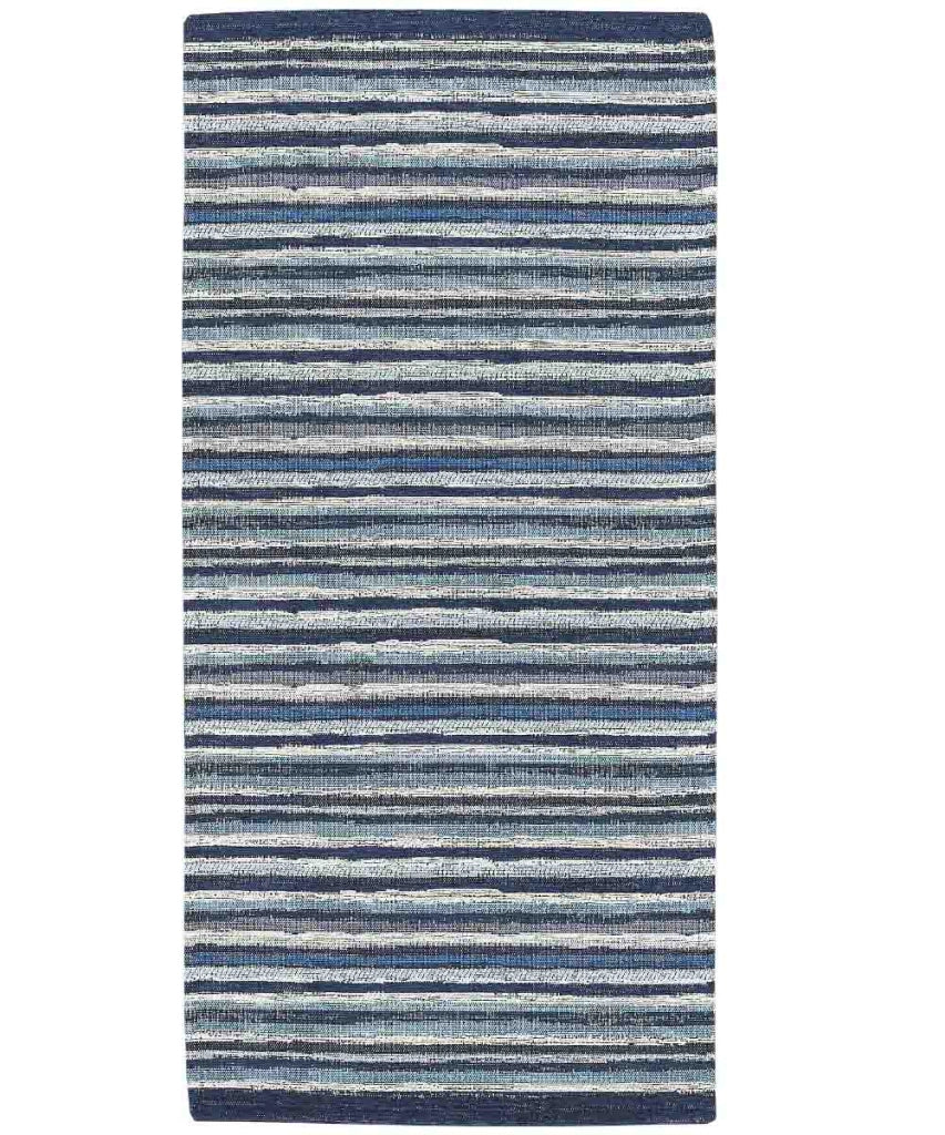 Tappeto passatoia moderno LAOS BLU disegno a righe multicolore, tappetino bagno ingresso multiuso lavabile antiscivolo cm.55x80
