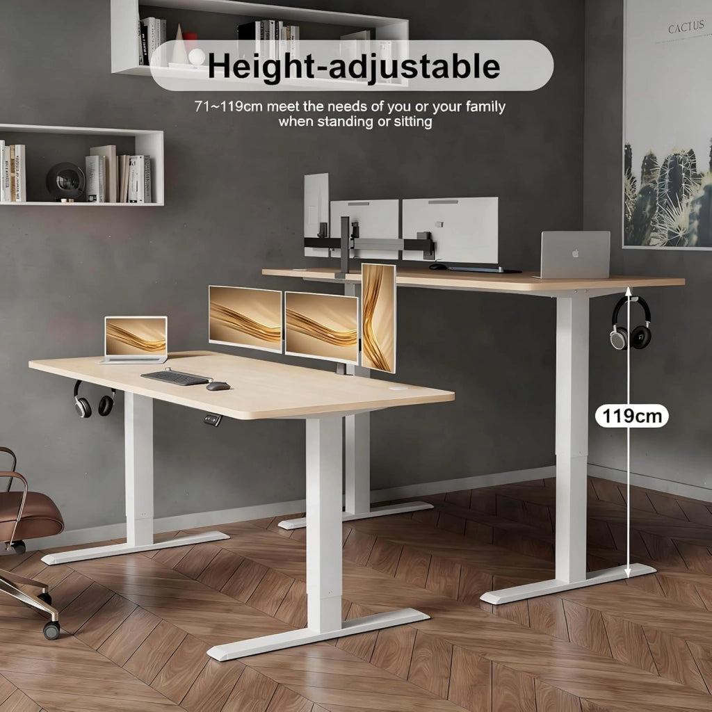 Scrivania regolabile in altezza, 140 x 60 cm, con vaschetta per cavi, altezza elettrica, stabile, scrivania per computer, memoria a 2 funzioni, seduta ergonomica in acero