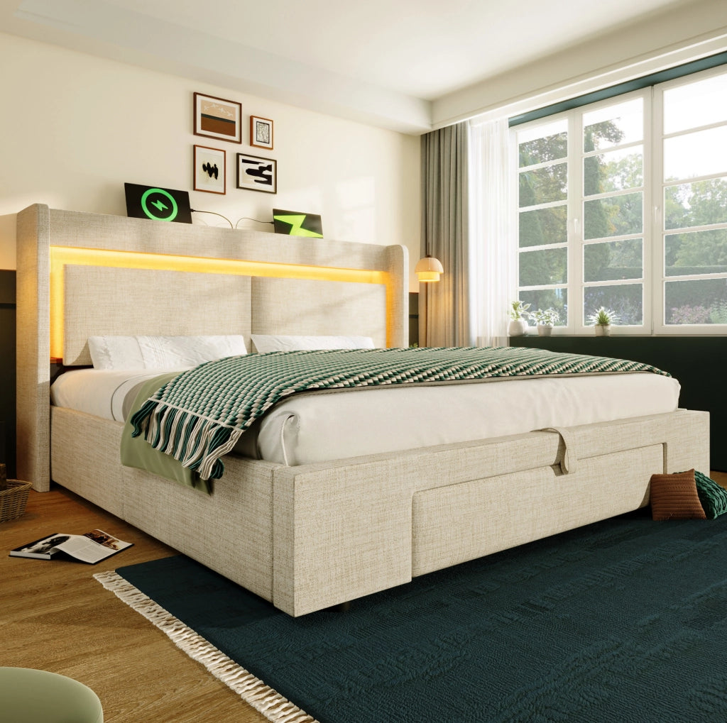Letto con testiera multifunzione, contenitore idraulico, LED e porte USB