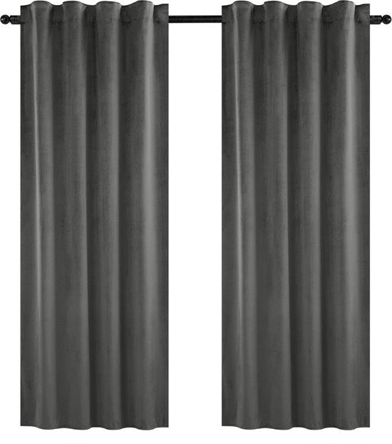 Set di 2 Tende oscuranti - con cinturino pieghevole e isolante - asta di tenda, tenda - 140x245 cm - velluto - grigio