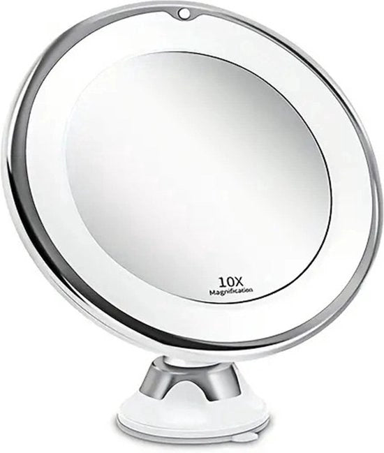 Specchio di Trucco con Illuminazione e 10x Amplificazione - Rasoiere con Manico - 360° Regolabile – Trasmettitore 3 Batterie AAA