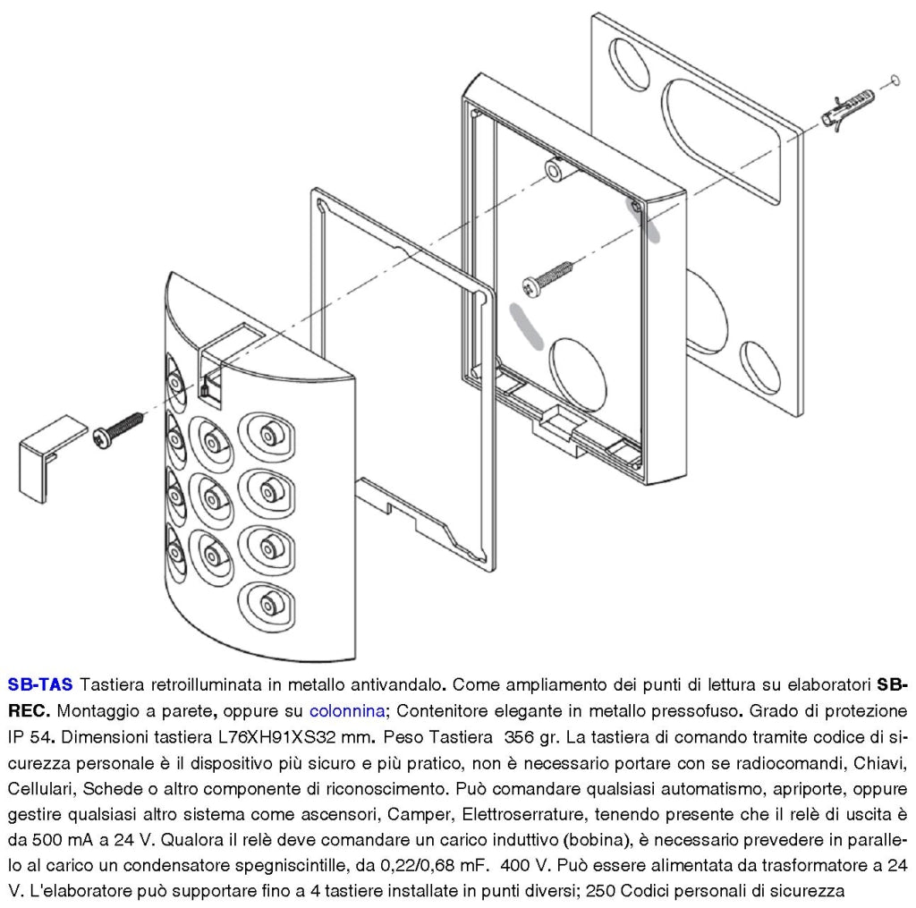 Tastiera Retroilluminata Digitale Esterna Antivandalo BE.PLAY Necessita della Centralina BE-REC 10 Tasti Numerici Collegamento All'elaboratore con 2 Fili Struttura Metallo Protetta IP54 Aggiuntiva