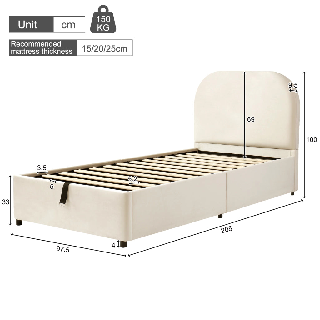 Letto Contenitore Singolo Imbottito ¨C MINIMAL ¨C Velluto Beige, Testiera, Rete a Doghe, 90x190